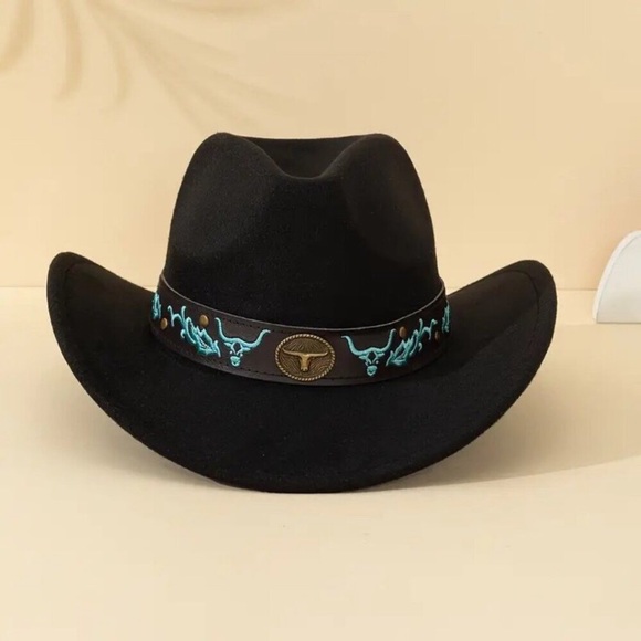 Black Western Cowboy Hat Bull & Turquoise Band Adjustable Felt Wide Brim Cowgirl main image 6